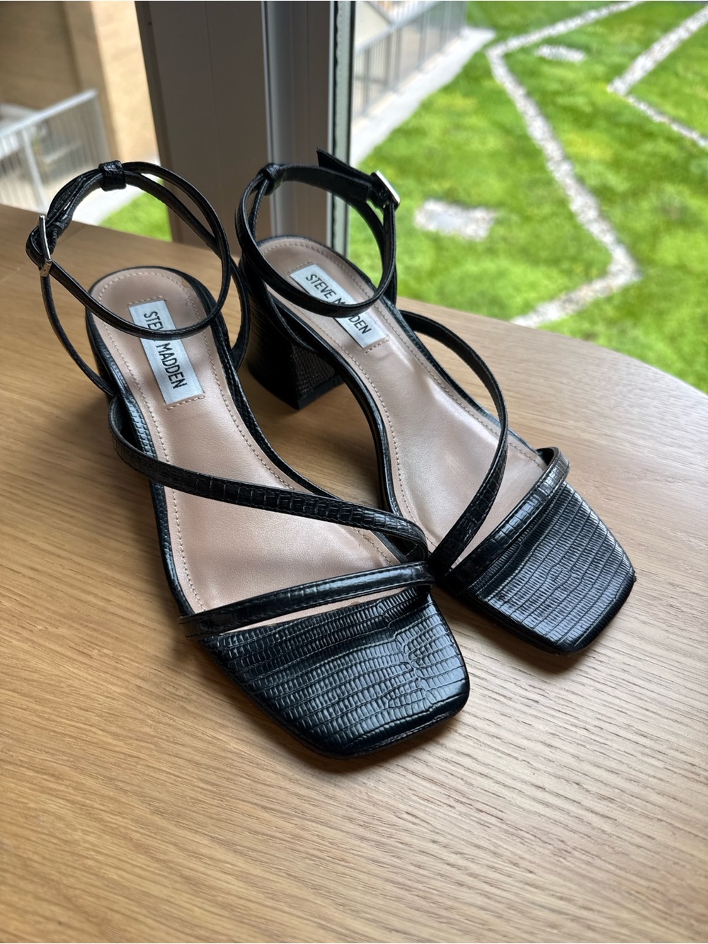 Steve Madden Black Croc-Embossed Strappy Block Heels